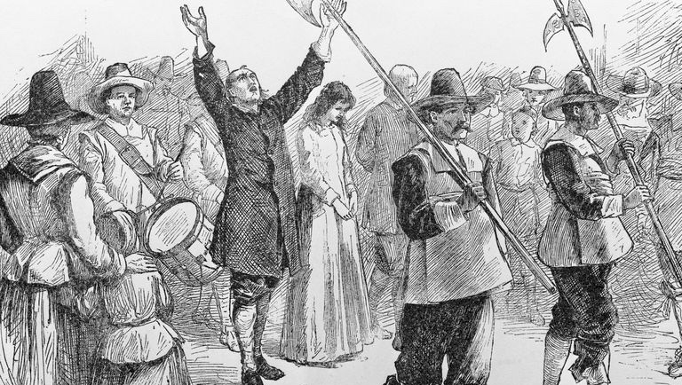 Old drawing of Quaker Friends being taken prisoners.